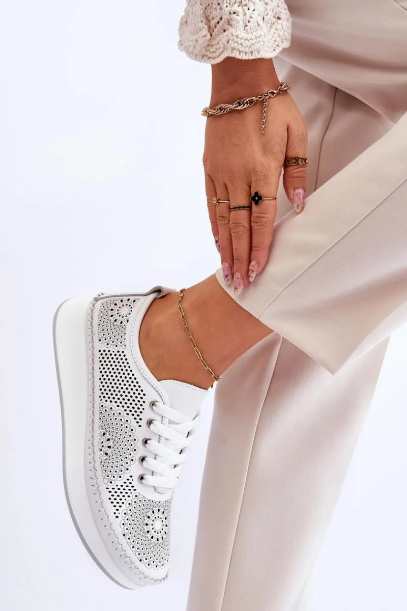 Sneakersy Damskie>Buty damskie Vinceza Damskie Skórzane Ażurowe Buty Sportowe Białe Marea