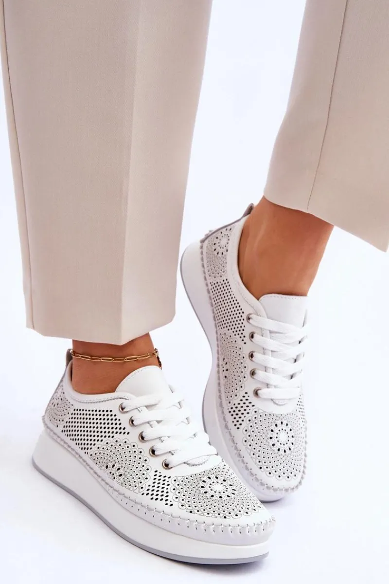 Sneakersy Damskie>Buty damskie Vinceza Damskie Skórzane Ażurowe Buty Sportowe Białe Marea