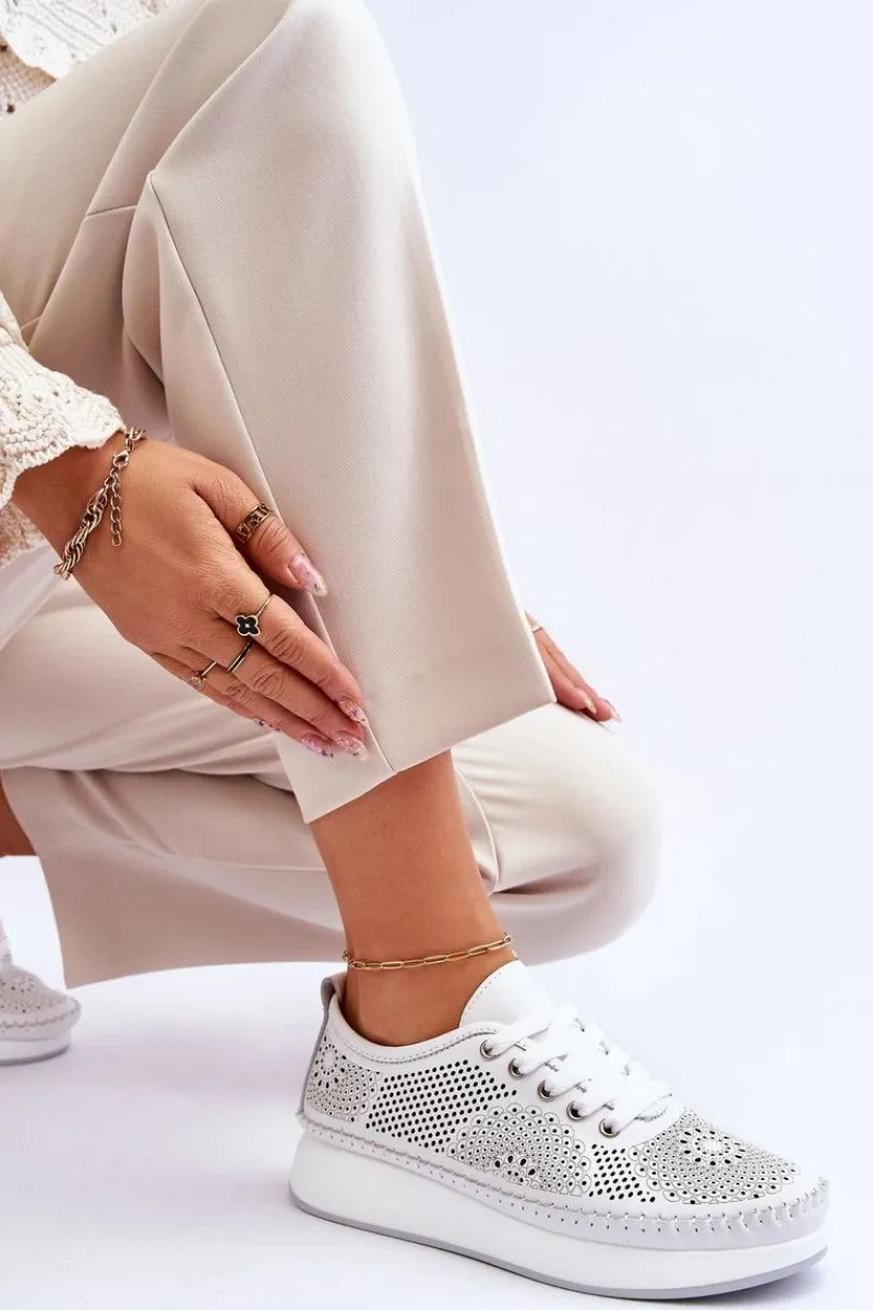 Sneakersy Damskie>Buty damskie Vinceza Damskie Skórzane Ażurowe Buty Sportowe Białe Marea