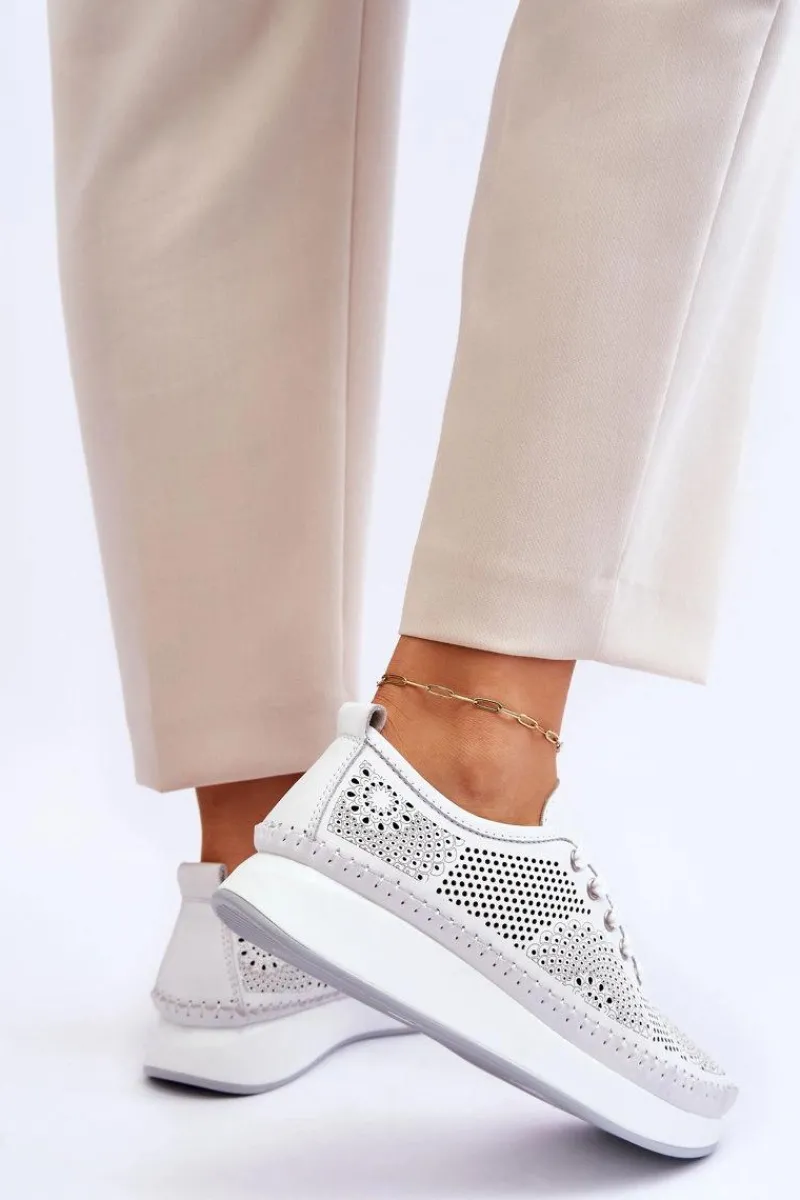 Sneakersy Damskie>Buty damskie Vinceza Damskie Skórzane Ażurowe Buty Sportowe Białe Marea