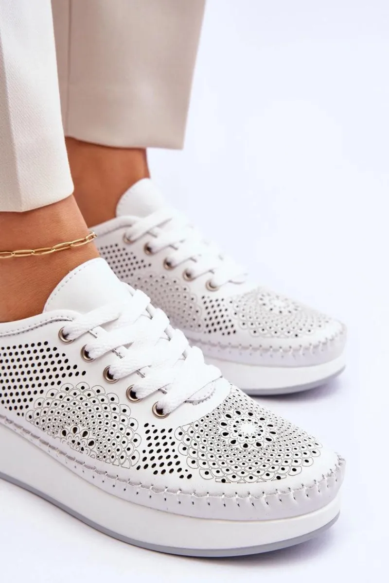 Sneakersy Damskie>Buty damskie Vinceza Damskie Skórzane Ażurowe Buty Sportowe Białe Marea