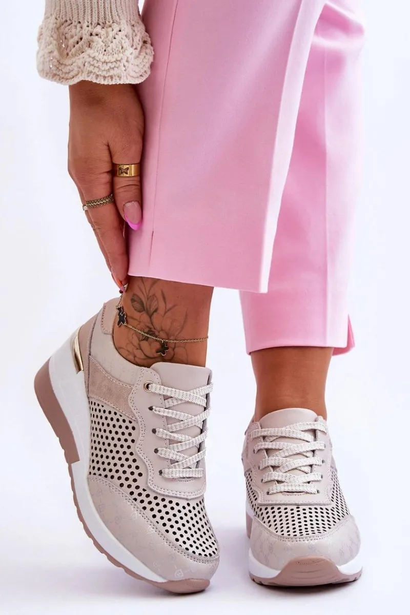 Outlet Damskie buty S.Barski Damskie Skórzane Ażurowe Buty Sportowe Jasnobeżowe Virginia