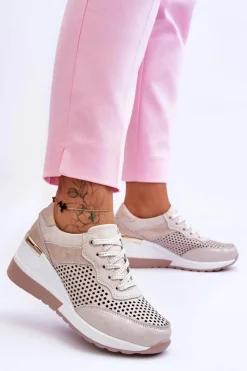 Outlet Damskie buty S.Barski Damskie Skórzane Ażurowe Buty Sportowe Jasnobeżowe Virginia