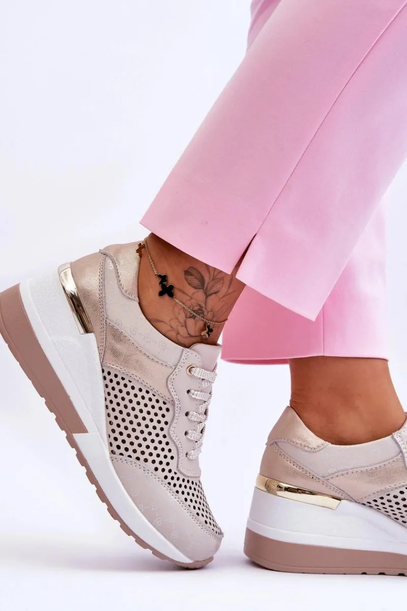 Outlet Damskie buty S.Barski Damskie Skórzane Ażurowe Buty Sportowe Jasnobeżowe Virginia