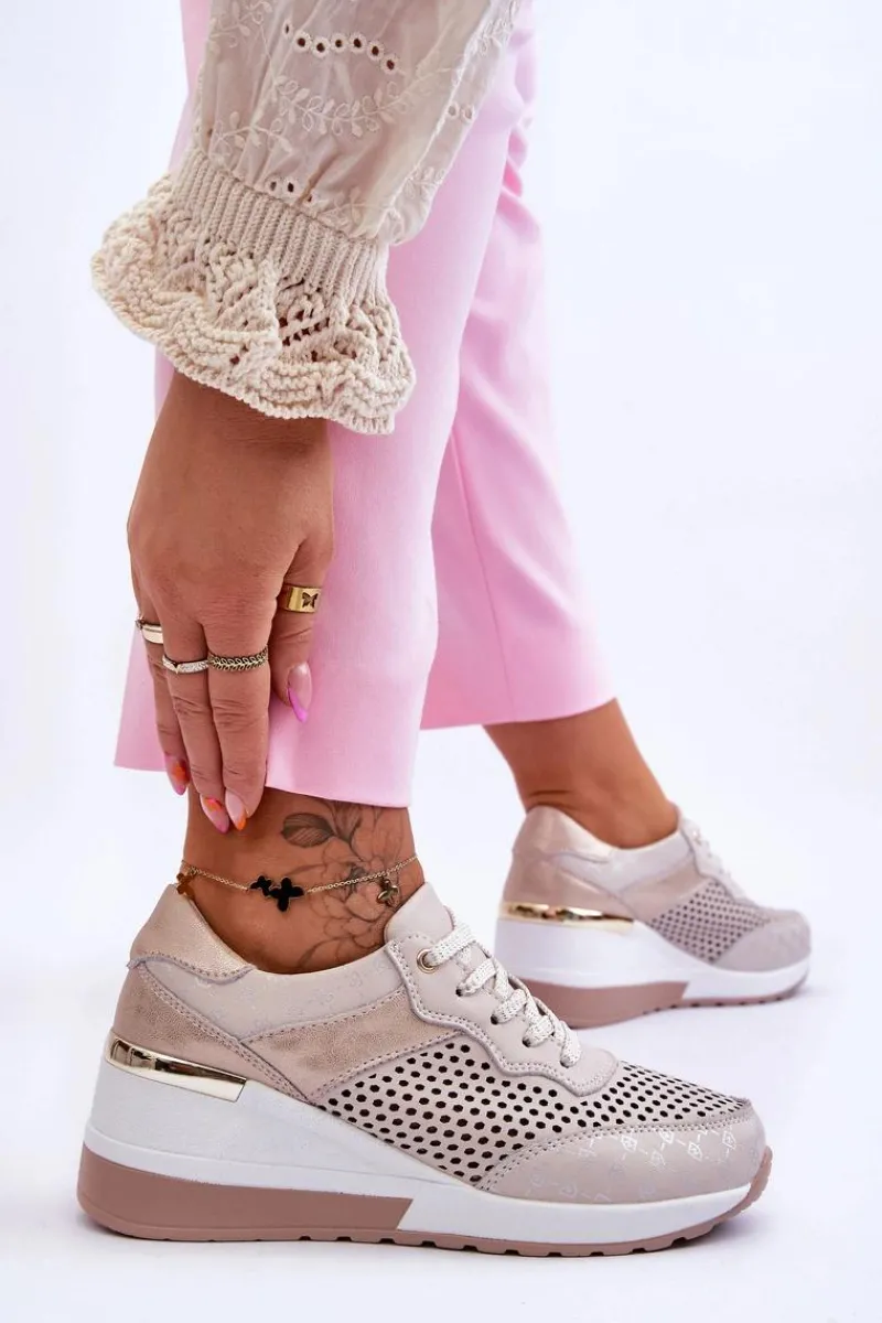 Outlet Damskie buty S.Barski Damskie Skórzane Ażurowe Buty Sportowe Jasnobeżowe Virginia