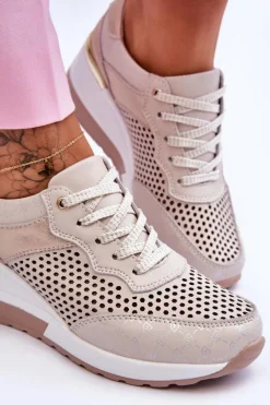 Outlet Damskie buty S.Barski Damskie Skórzane Ażurowe Buty Sportowe Jasnobeżowe Virginia