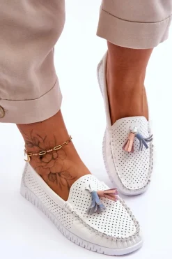 Damskie Skórzane Ażurowe Mokasyny Białe Lanzarot Damskie Loafersy Damskie|Mokasyny Damskie Skórzane