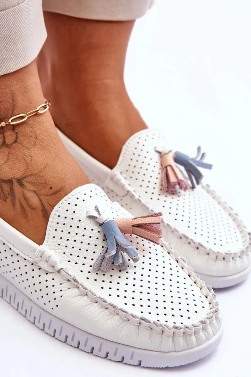 Damskie Skórzane Ażurowe Mokasyny Białe Lanzarot Damskie Loafersy Damskie|Mokasyny Damskie Skórzane