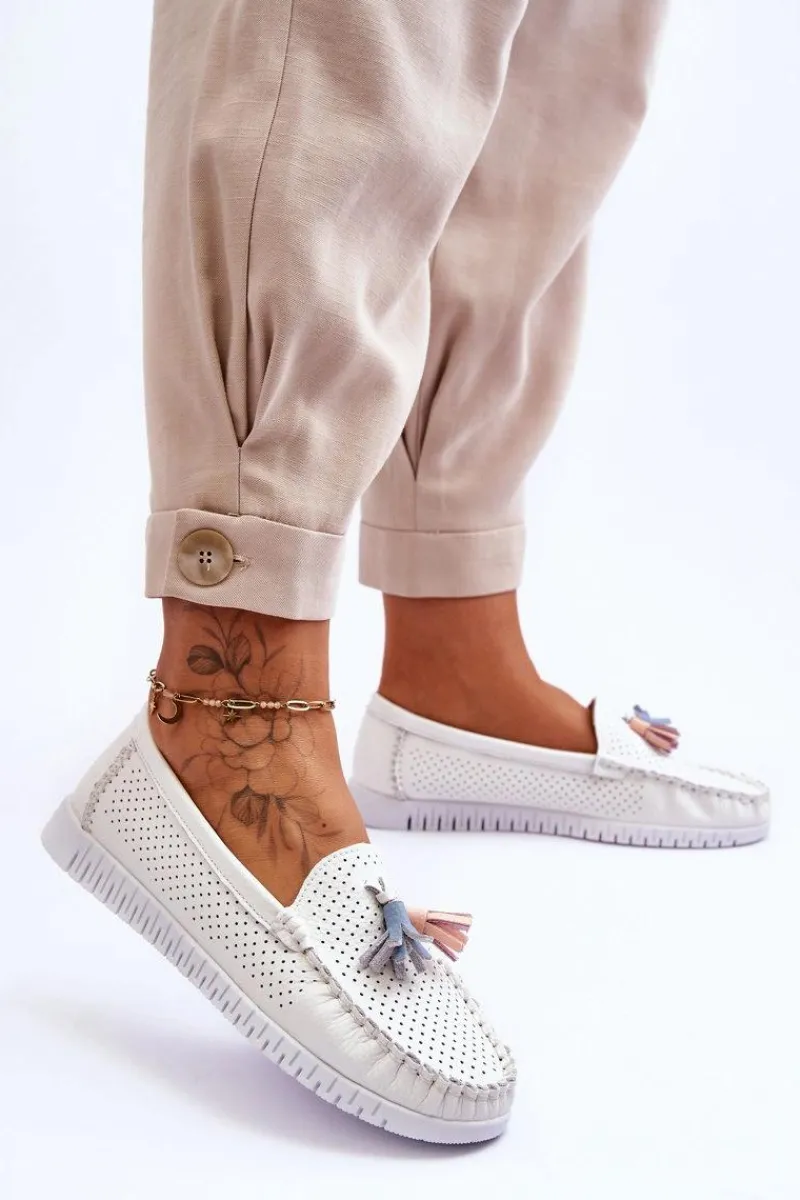 Damskie Skórzane Ażurowe Mokasyny Białe Lanzarot Damskie Loafersy Damskie|Mokasyny Damskie Skórzane