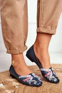 Discount Damskie Skórzane Baleriny Granatowe 01358-27 Damskie Baleriny Skórzane|Baleriny Klasyczne