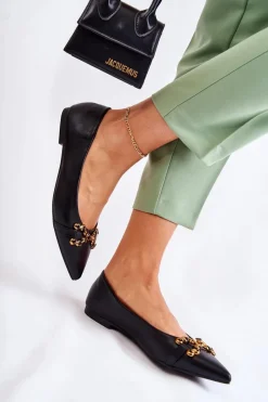 Baleriny Klasyczne>Boto Damskie Skórzane Baleriny W Szpic Z Ozdobą Czarne Carlos