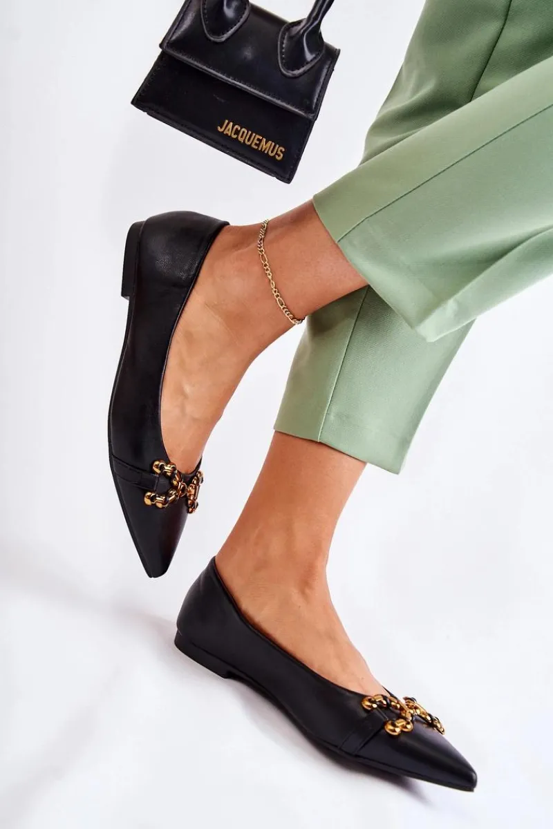 Baleriny Klasyczne>Boto Damskie Skórzane Baleriny W Szpic Z Ozdobą Czarne Carlos