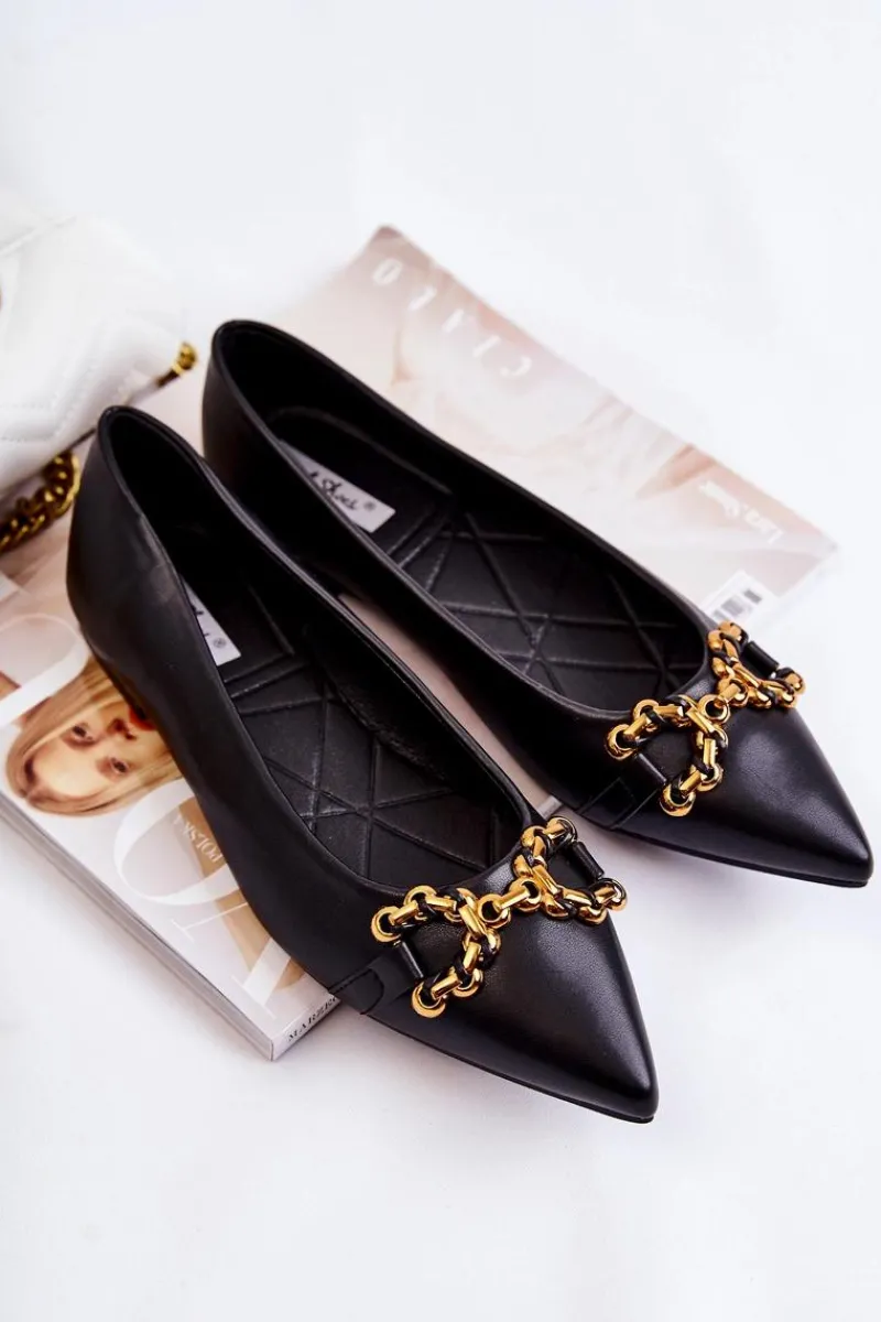 Baleriny Klasyczne>Boto Damskie Skórzane Baleriny W Szpic Z Ozdobą Czarne Carlos