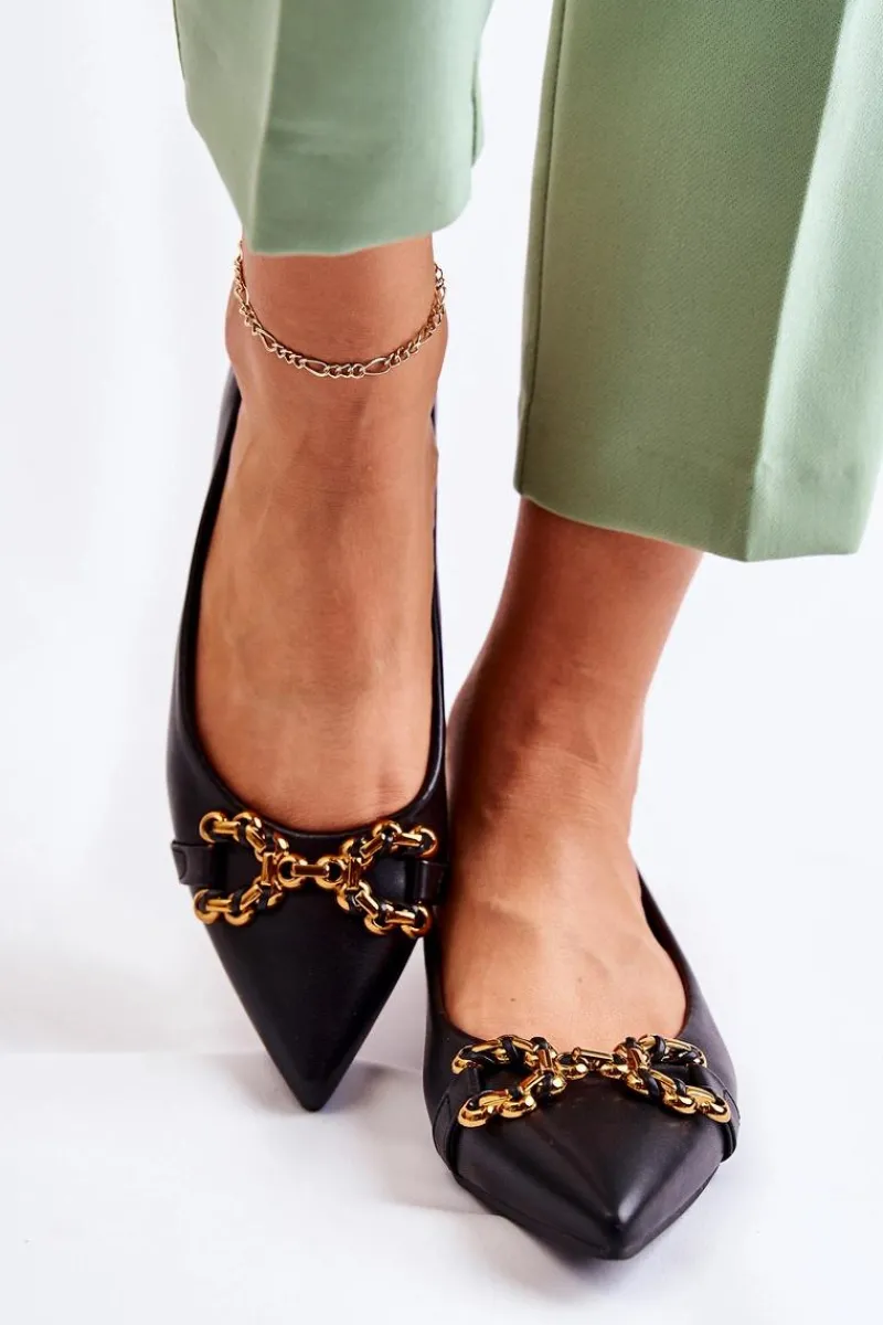 Baleriny Klasyczne>Boto Damskie Skórzane Baleriny W Szpic Z Ozdobą Czarne Carlos