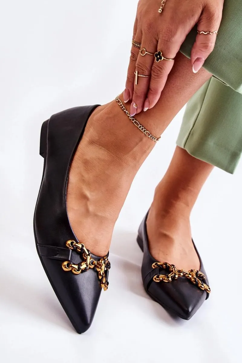 Baleriny Klasyczne>Boto Damskie Skórzane Baleriny W Szpic Z Ozdobą Czarne Carlos