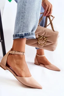 Hot Damskie Skórzane Baleriny Sandały W Szpic Beżowe Caprise Damskie Sandały Płaskie|Baleriny Klasyczne