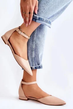 Hot Damskie Skórzane Baleriny Sandały W Szpic Beżowe Caprise Damskie Sandały Płaskie|Baleriny Klasyczne