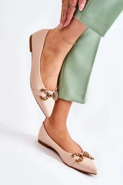 Hot Boto Damskie Skórzane Baleriny W Szpic Z Ozdobą Beżowe Carlos