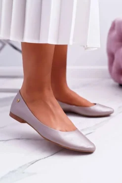 New Damskie Skórzane Baleriny Metaliczne Beżowe 04100-10 Damskie Baleriny Skórzane|Baleriny Klasyczne