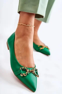 Hot Boto Damskie Skórzane Baleriny W Szpic Z Ozdobą Zielone Carlos