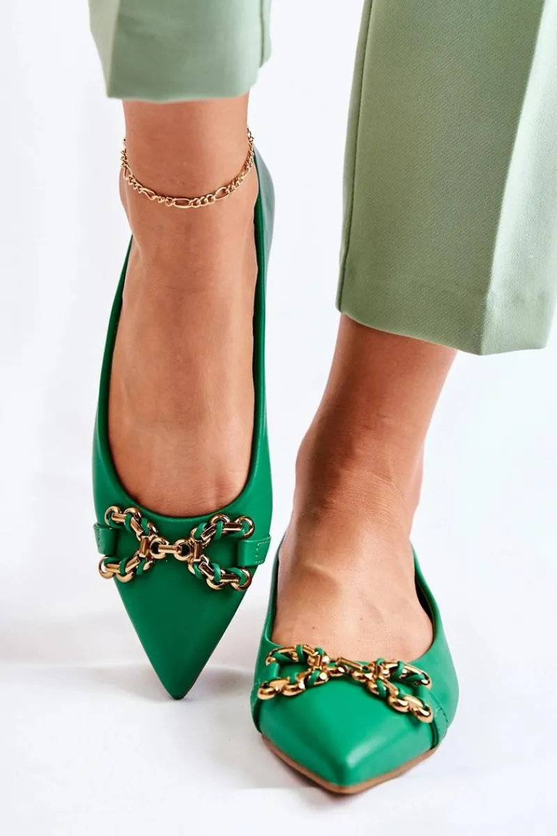 Hot Boto Damskie Skórzane Baleriny W Szpic Z Ozdobą Zielone Carlos