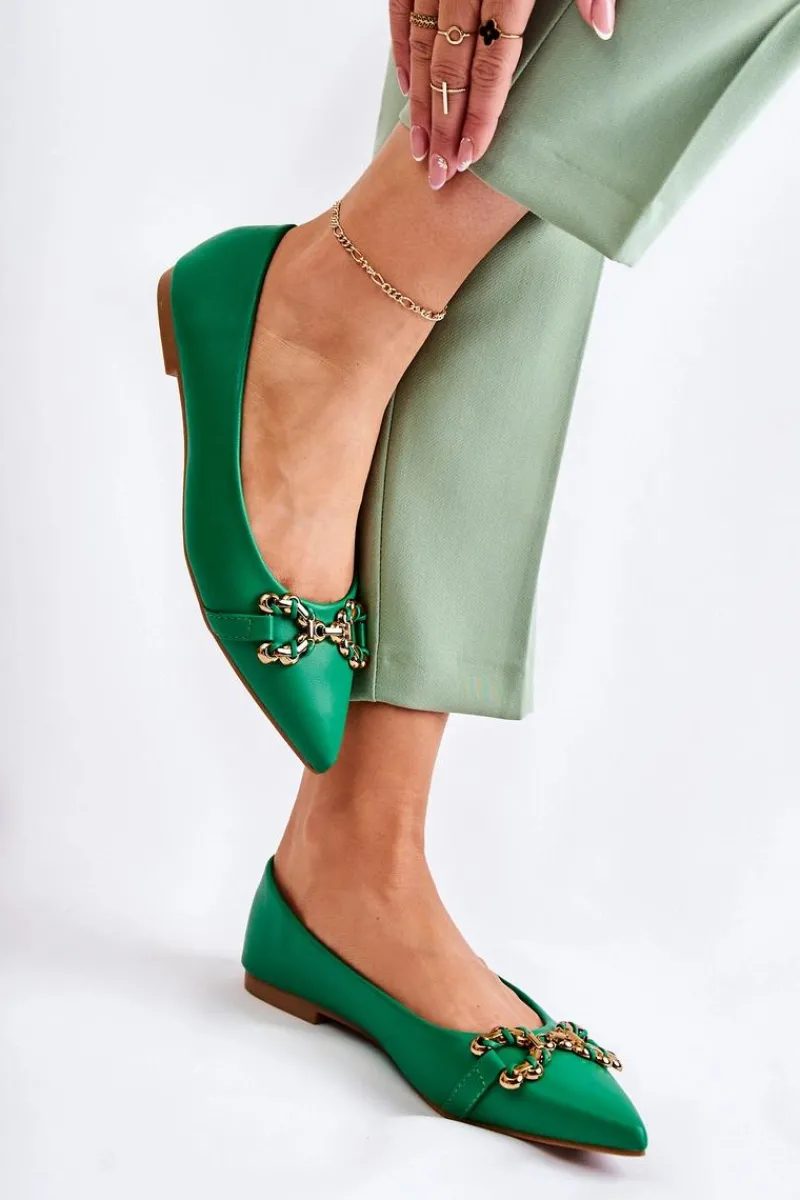 Hot Boto Damskie Skórzane Baleriny W Szpic Z Ozdobą Zielone Carlos