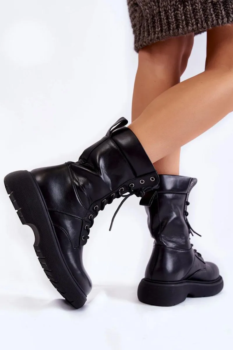Sale Damskie Skórzane Botki Glany Sznurowane Czarne Passione Damskie Botki Wiosenne|Botki Sznurowane
