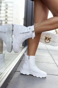 Hot Damskie Skórzane Botki II2N4032 Białe Damskie Botki Sznurowane|Czarne Botki