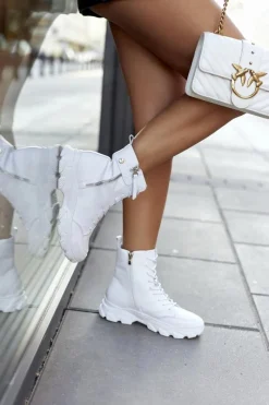 Hot Damskie Skórzane Botki II2N4032 Białe Damskie Botki Sznurowane|Czarne Botki