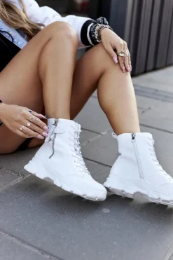 Hot Damskie Skórzane Botki II2N4032 Białe Damskie Botki Sznurowane|Czarne Botki