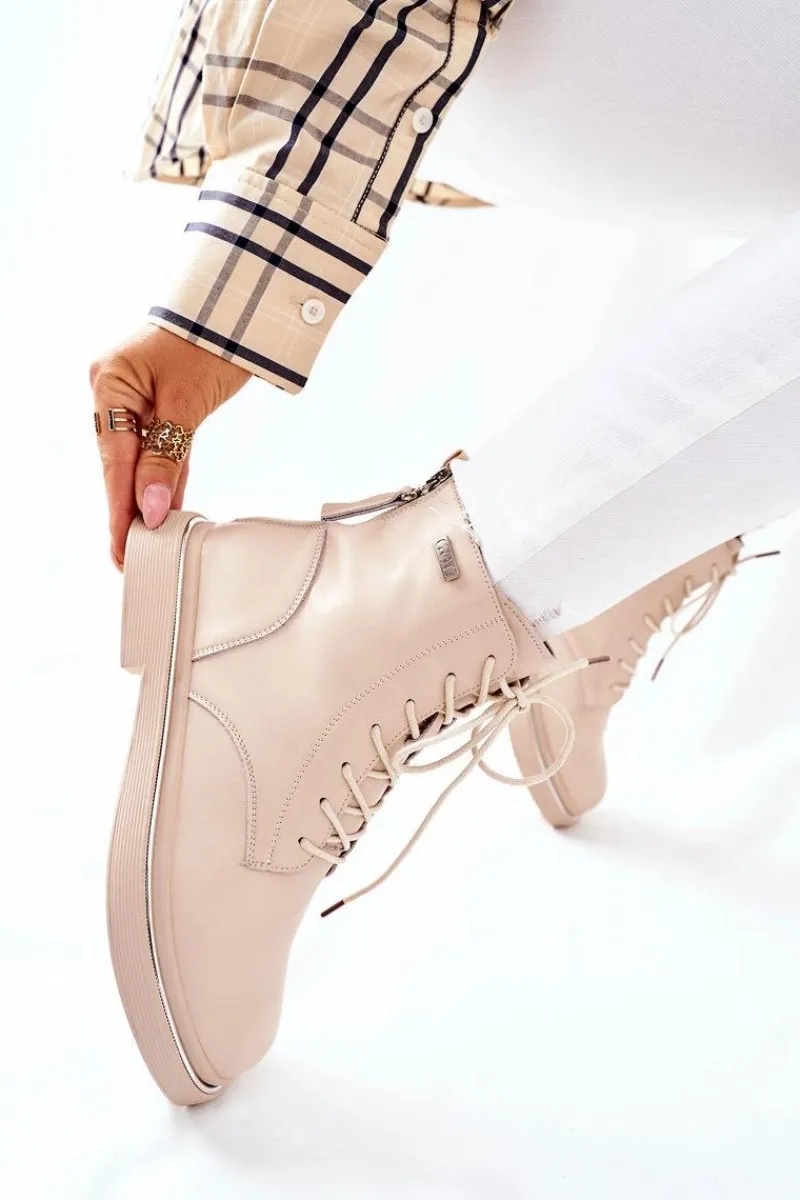 Hot GOE Damskie Skórzane Botki II2N4015 Beżowe