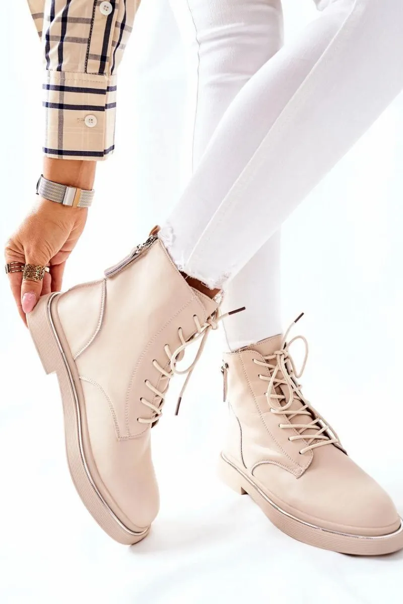 Hot GOE Damskie Skórzane Botki II2N4015 Beżowe