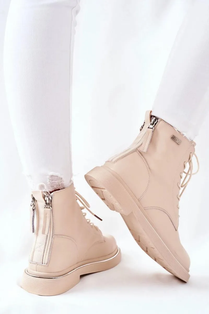 Hot GOE Damskie Skórzane Botki II2N4015 Beżowe