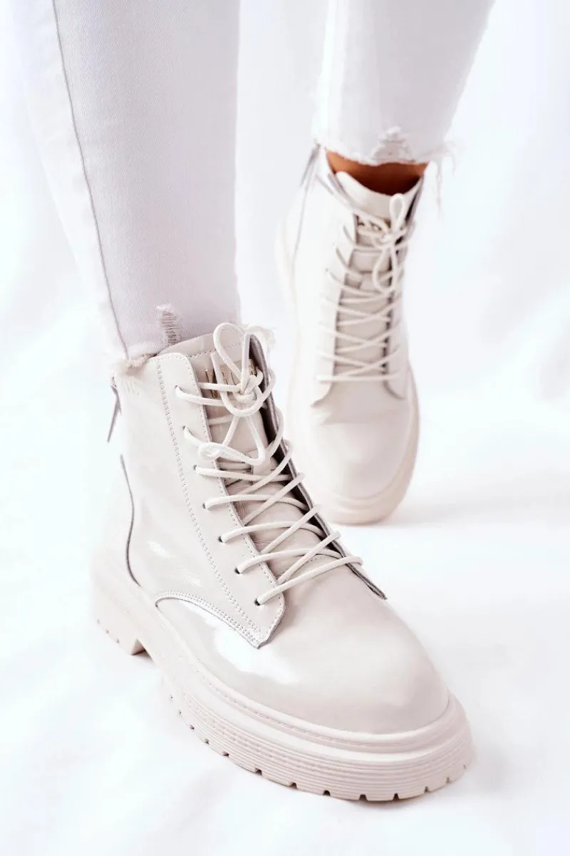 Outlet Damskie Skórzane Botki II2N4013 Białe Damskie Botki Sznurowane|Czarne Botki