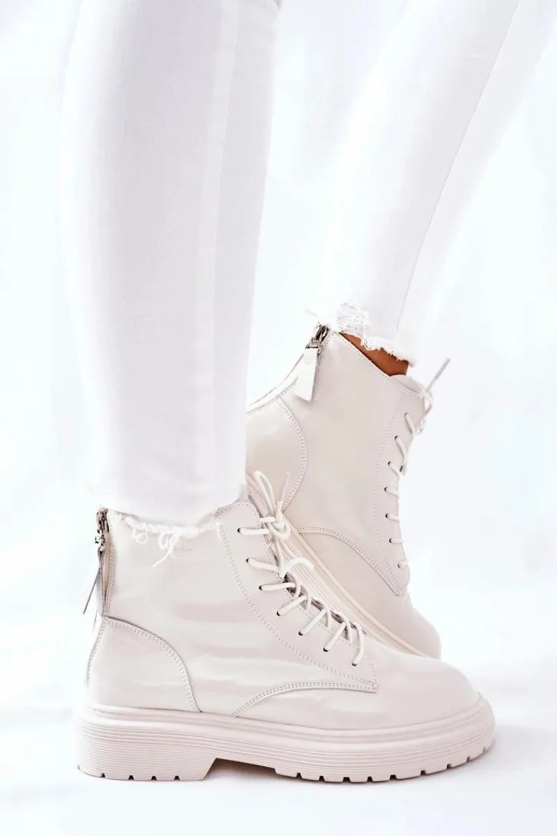 Outlet Damskie Skórzane Botki II2N4013 Białe Damskie Botki Sznurowane|Czarne Botki