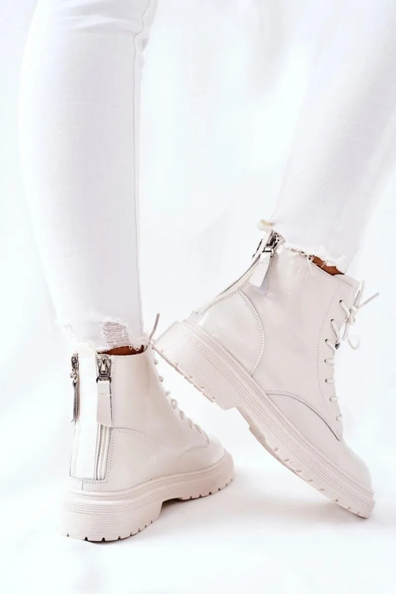 Outlet Damskie Skórzane Botki II2N4013 Białe Damskie Botki Sznurowane|Czarne Botki