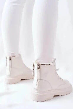 Outlet Damskie Skórzane Botki II2N4013 Białe Damskie Botki Sznurowane|Czarne Botki