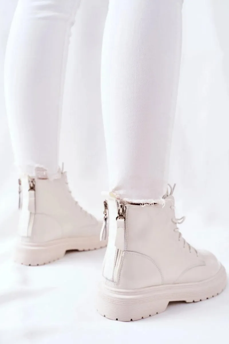 Outlet Damskie Skórzane Botki II2N4013 Białe Damskie Botki Sznurowane|Czarne Botki