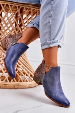 Outlet Maciejka Damskie Skórzane Botki Granatowe 04091-27