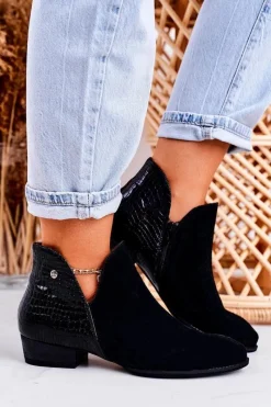 Maciejka Damskie Skórzane Botki Lakierowane Czarne Wzór Zwierzęcy 04091-72