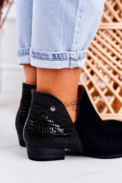 Maciejka Damskie Skórzane Botki Lakierowane Czarne Wzór Zwierzęcy 04091-72