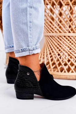 Maciejka Damskie Skórzane Botki Lakierowane Czarne Wzór Zwierzęcy 04091-72