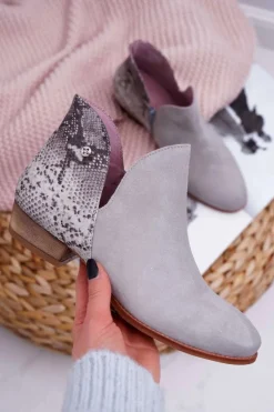 Online Damskie Skórzane Botki Szare 04091-03 Damskie Botki Wiosenne|Botki Maciejka