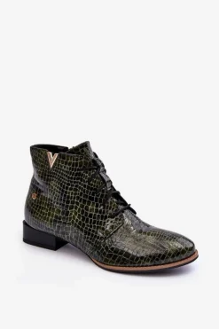 New Damskie Skórzane Botki 5743C-09 Zielone Damskie Botki Maciejka|Botki Skórzane