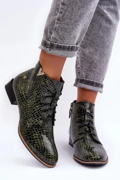 New Damskie Skórzane Botki 5743C-09 Zielone Damskie Botki Maciejka|Botki Skórzane