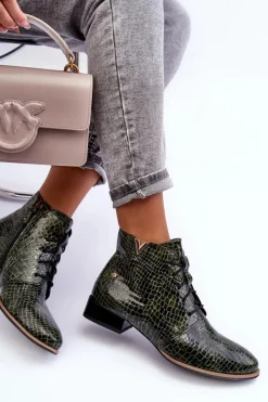 New Damskie Skórzane Botki 5743C-09 Zielone Damskie Botki Maciejka|Botki Skórzane