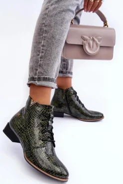 New Damskie Skórzane Botki 5743C-09 Zielone Damskie Botki Maciejka|Botki Skórzane