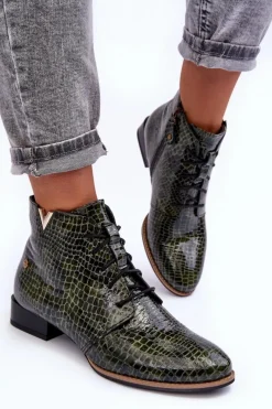 New Damskie Skórzane Botki 5743C-09 Zielone Damskie Botki Maciejka|Botki Skórzane