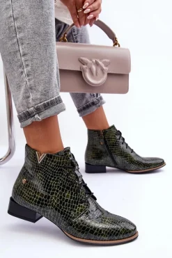 New Damskie Skórzane Botki 5743C-09 Zielone Damskie Botki Maciejka|Botki Skórzane
