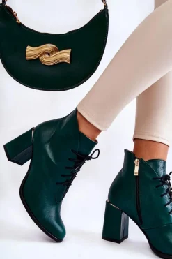 Botki Sznurowane|Botki Na Słupku>Boto Damskie Skórzane Botki Na Słupku Zielone Carrice